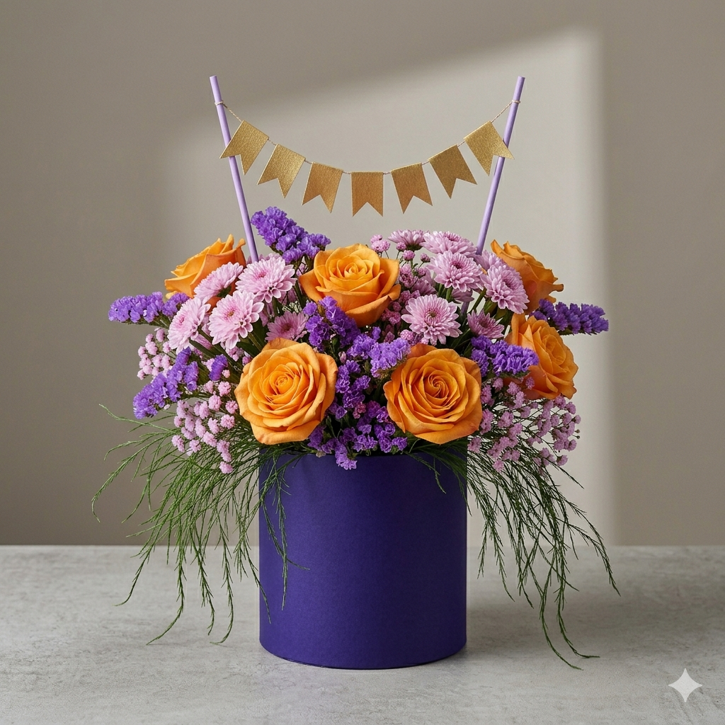 Orange Rose Purple Flower Box with Gold Bunting Banner