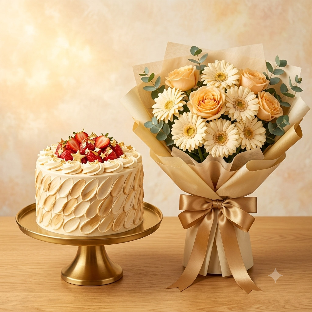 Peach Rose & Gerbera Bouquet with Strawberry Cake Combo