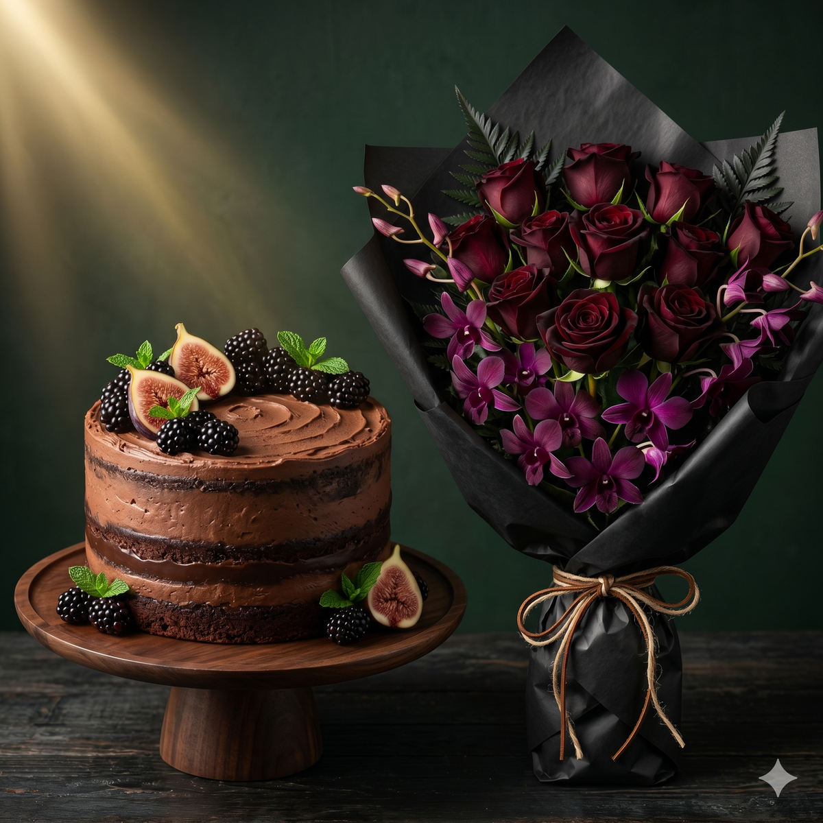 Dark Romance Rose Bouquet & Fig Chocolate Cake Set
