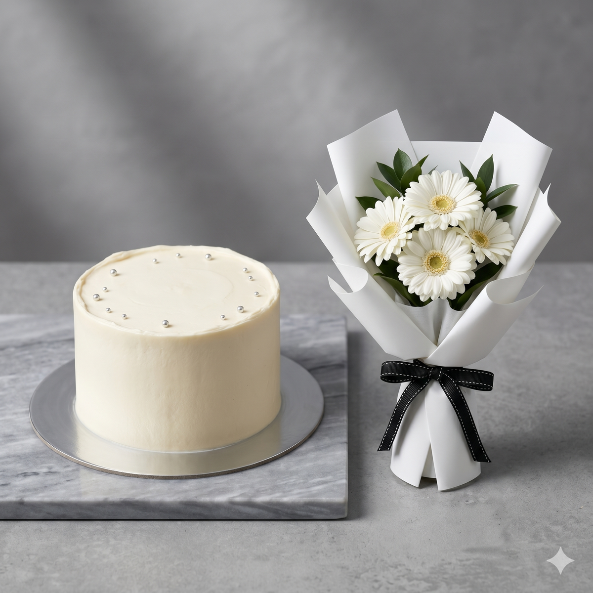White Gerbera Bouquet & Elegant White Cake Set