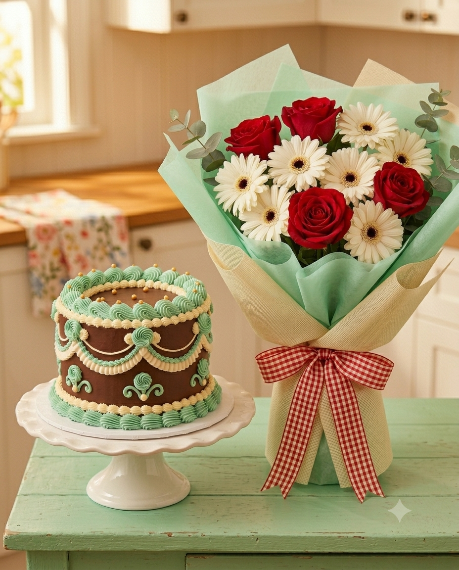 Red Rose & Gerbera Bouquet with Chocolate Cake Combo