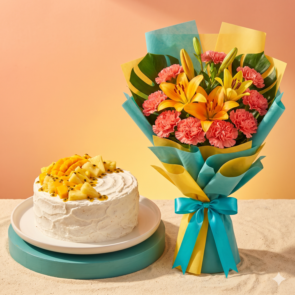Tropical Lily Bouquet and Mango Cream Cake