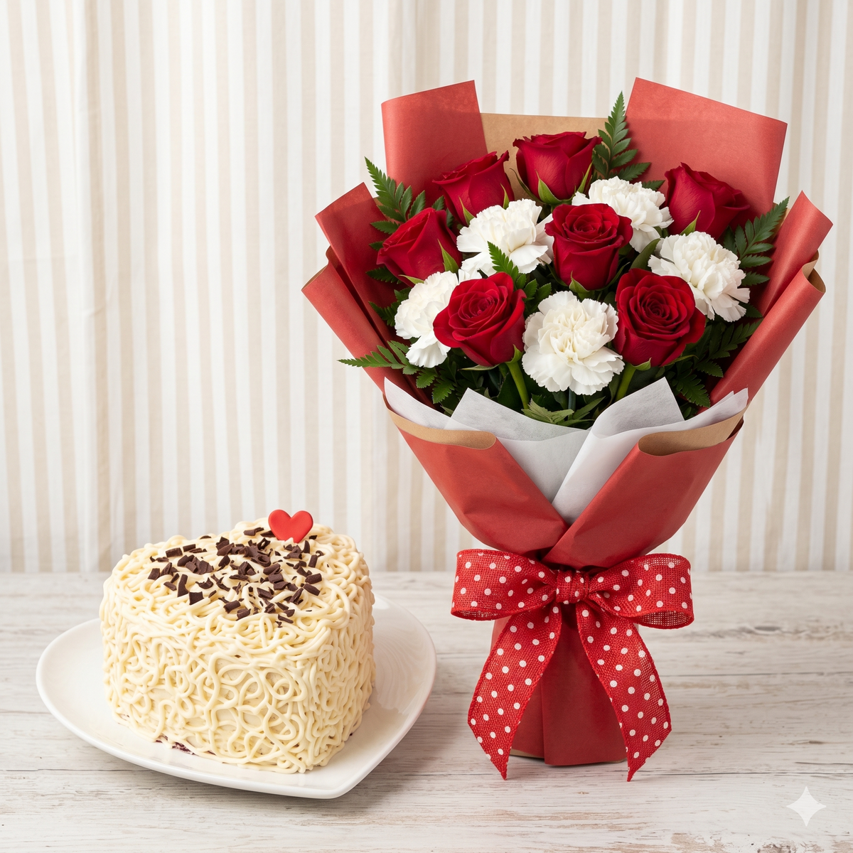 Romantic Red Roses and White Carnations Bouquet