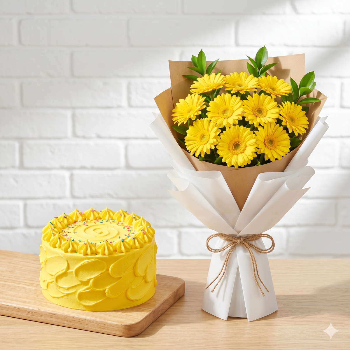 Sunny Yellow Gerbera Bouquet and Piped Star Cake Gift Set