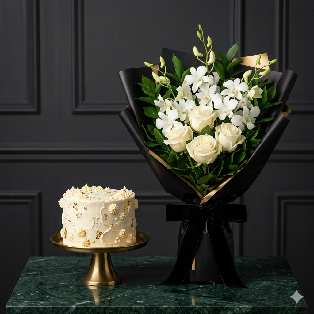 Gold Rose Bouquet and Vanilla Gold Fleck Cake