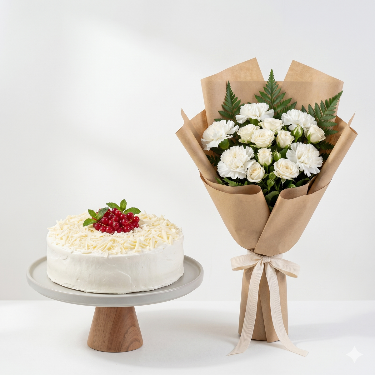 White Rose Bouquet & Creamy White Cake Set