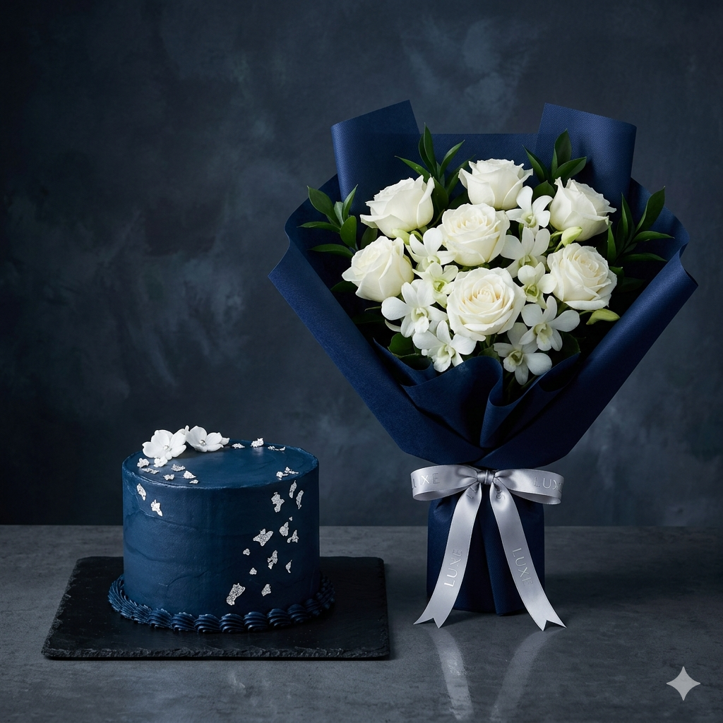 Midnight Navy White Rose Bouquet and Silver Cake