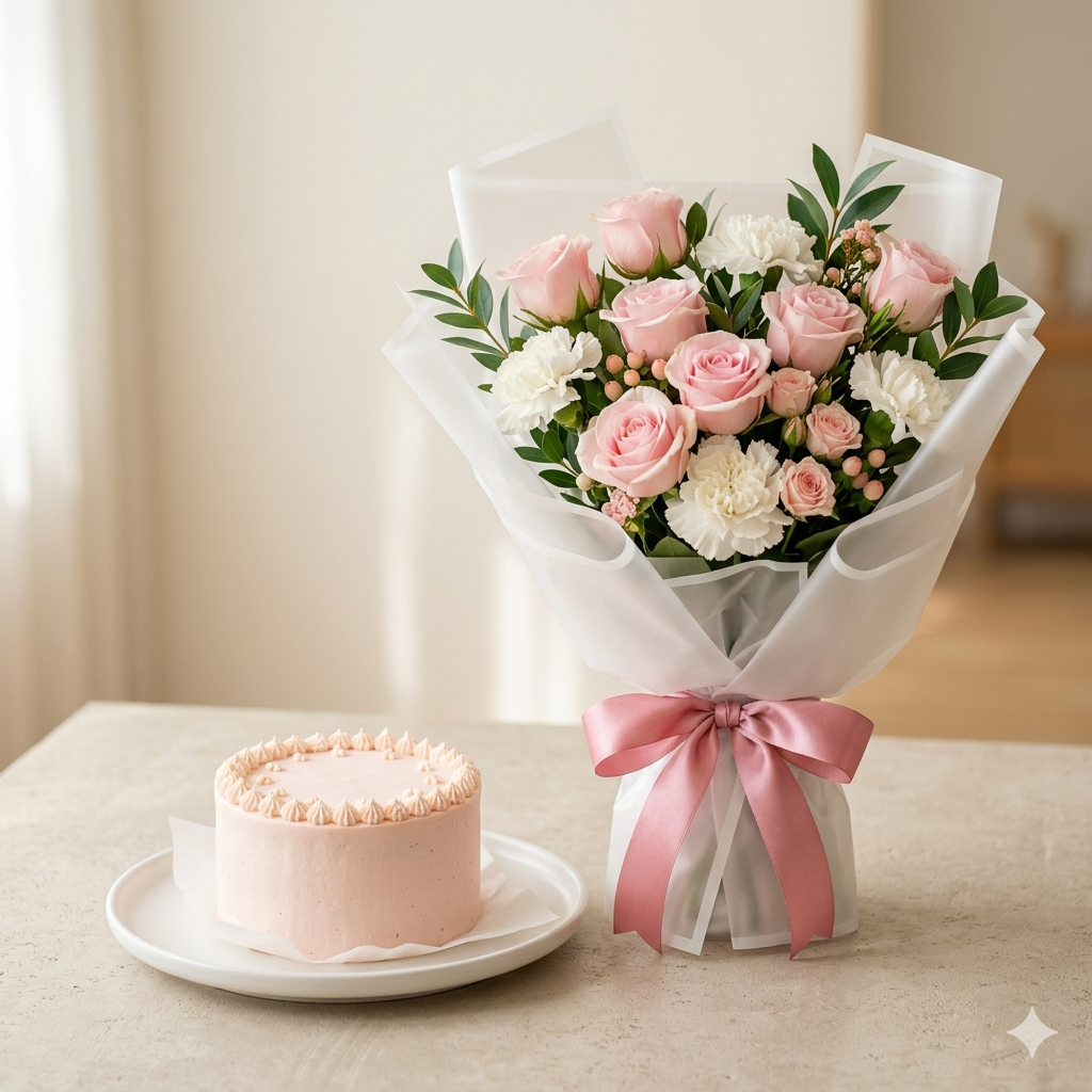 Blushing Pink Rose Bouquet and Pastel Birthday Cake