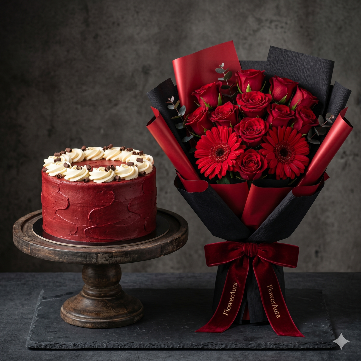 Deep Red Roses Bouquet & Velvet Cake Set