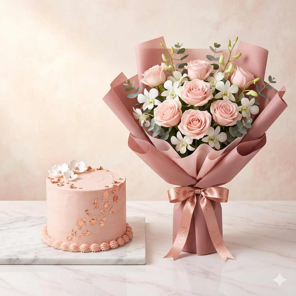Blush Rose Bouquet with Rose Gold Cake | Luxe Combo