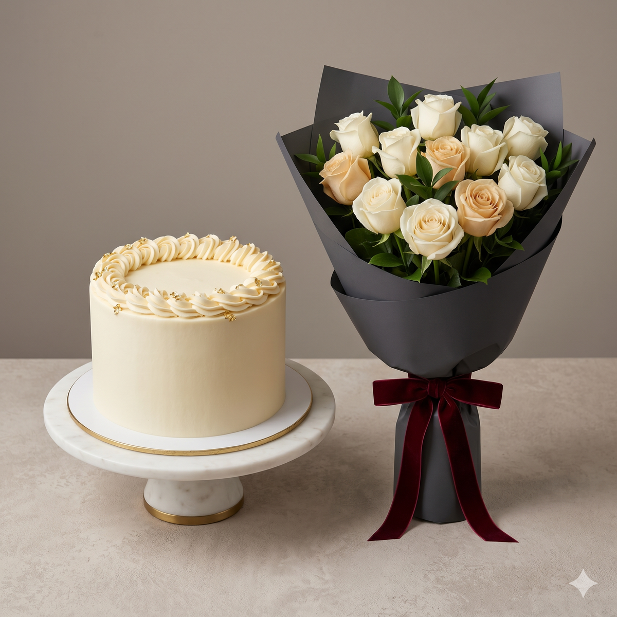 Cream Rose Bouquet and Vanilla Cake Gift Set