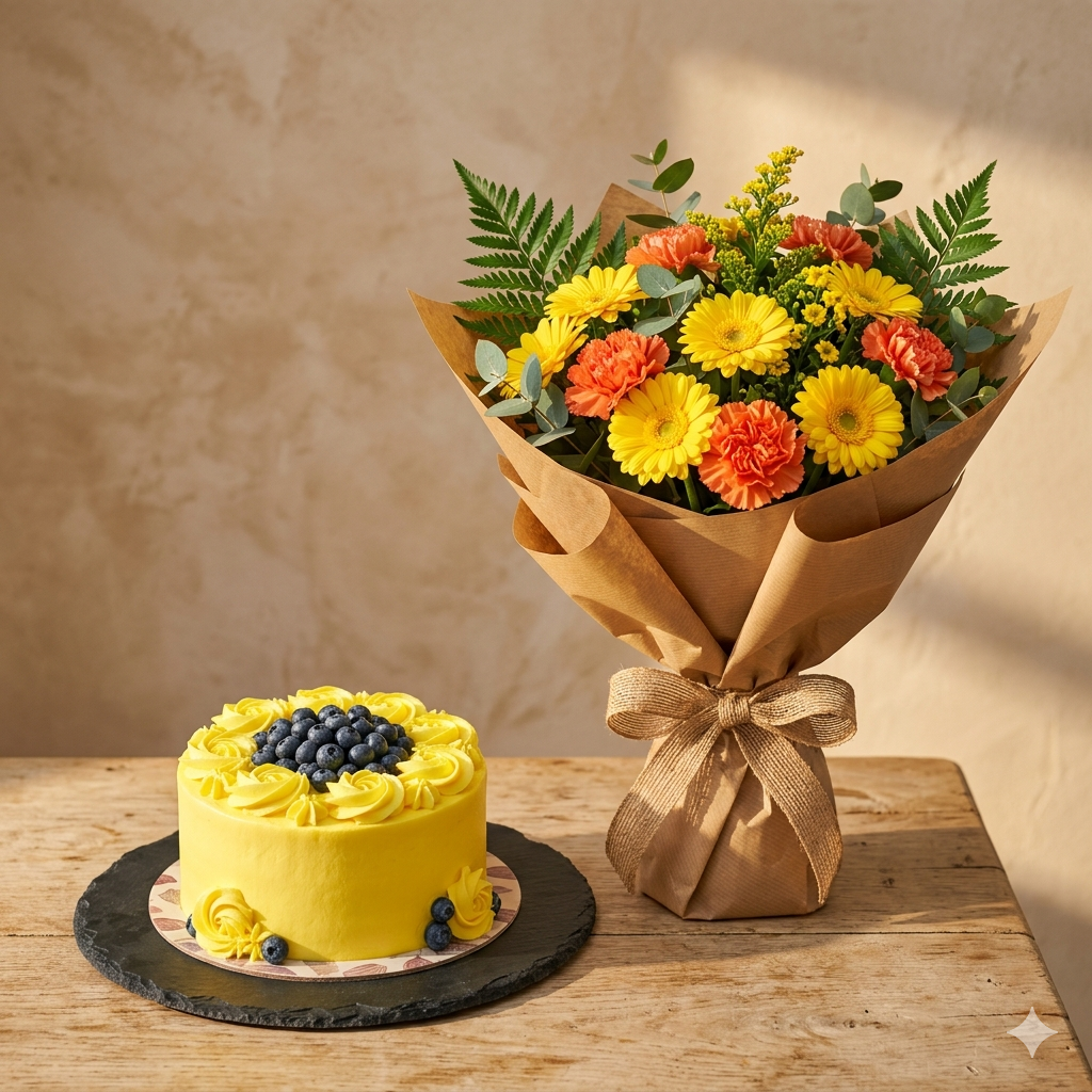 Plum Purple Orchid Bouquet and Dark Berry Gold Cake