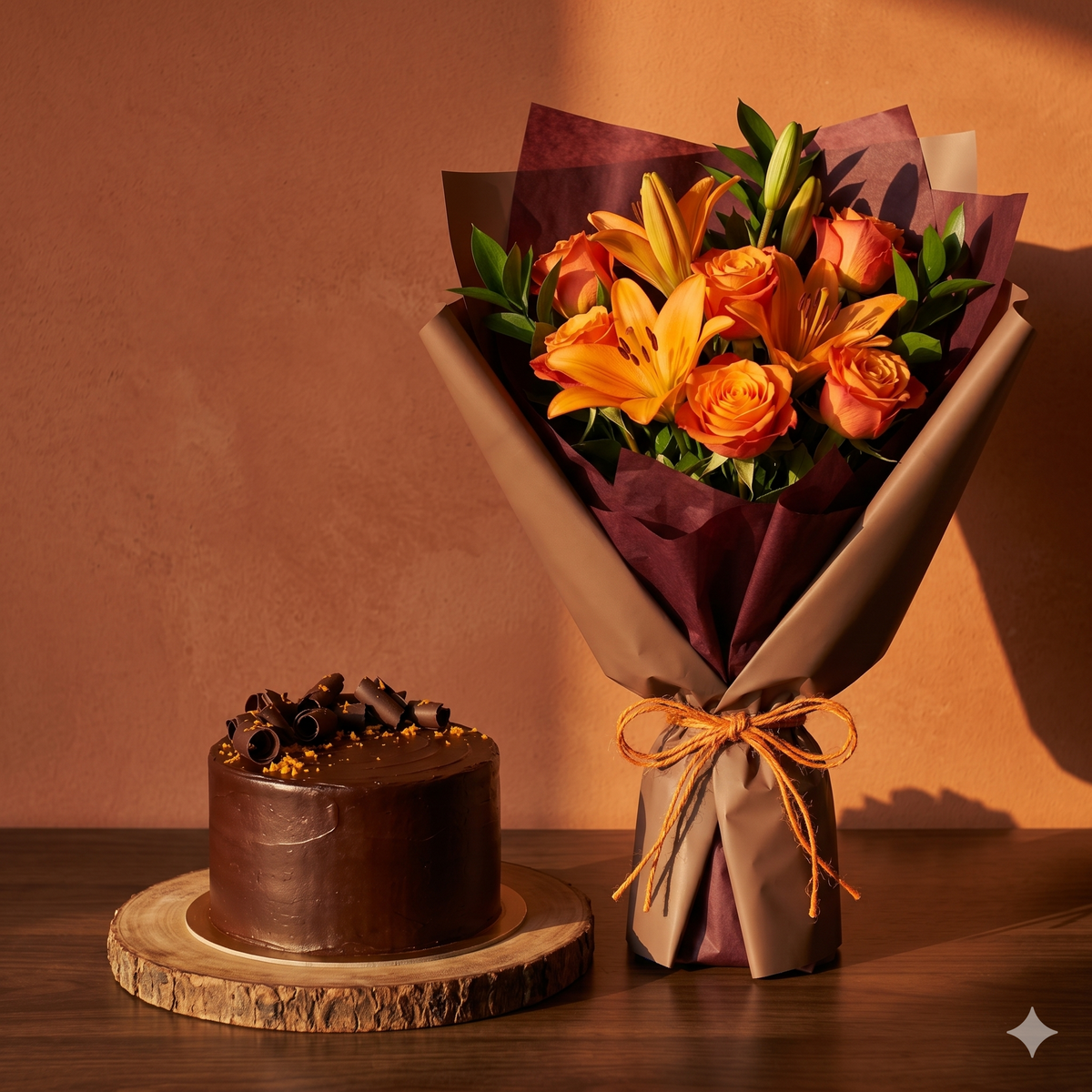 Autumn Orange Floral Bouquet & Chocolate Cake Gift