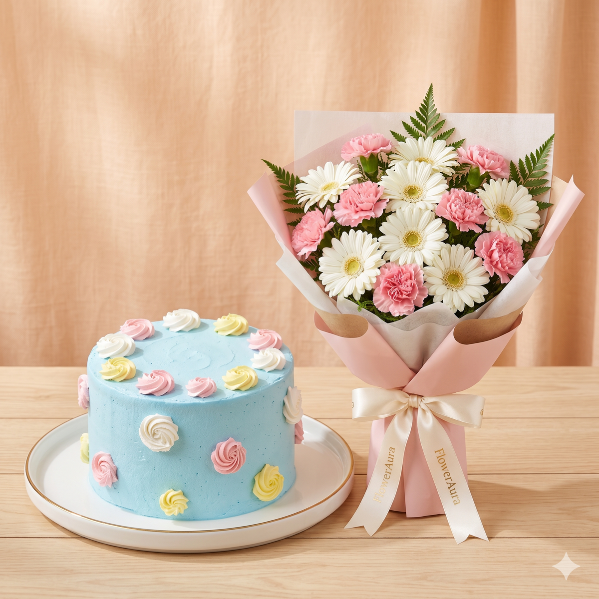 Pastel Gerbera Bouquet & Blue Rosette Cake Set
