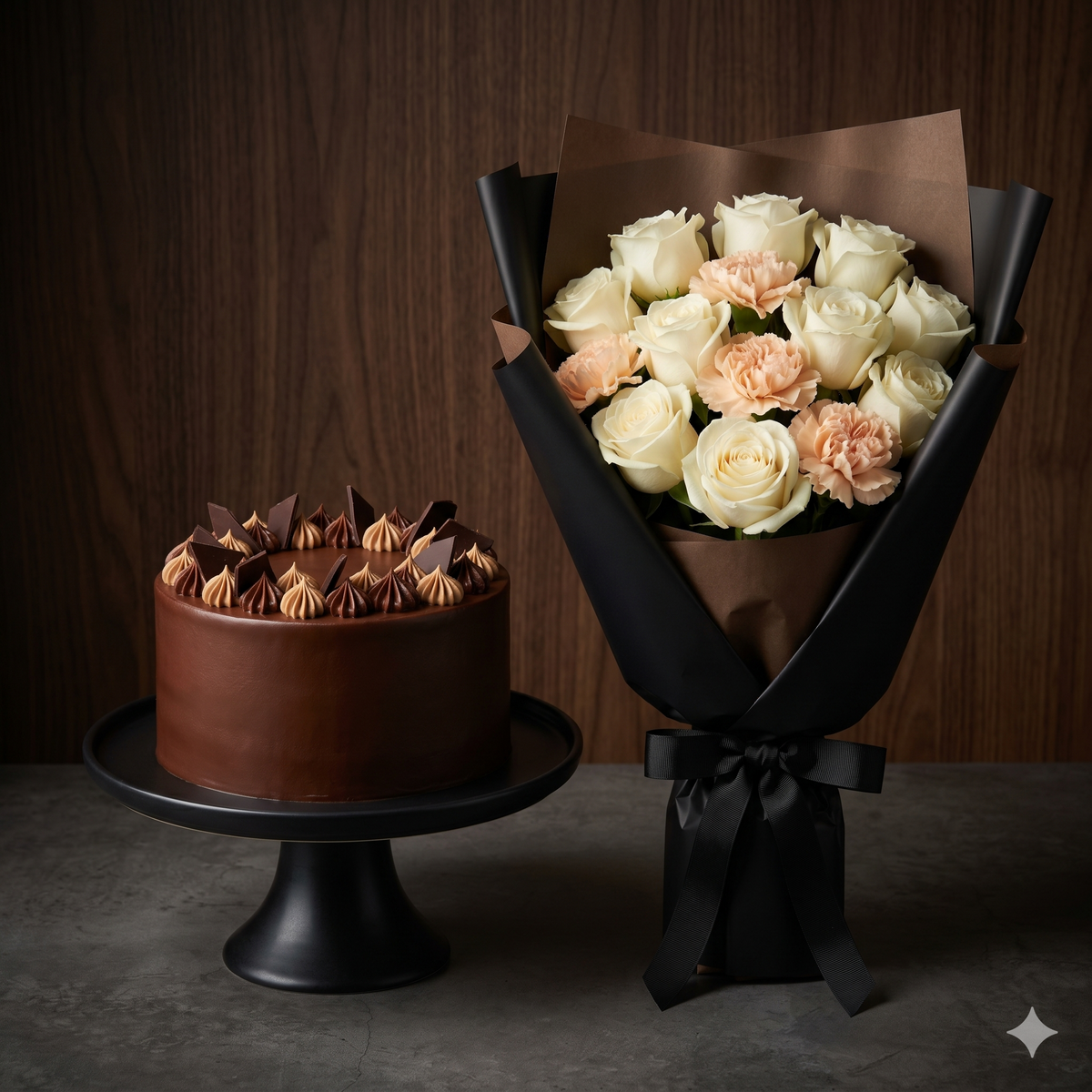 Elegant White Roses & Chocolate Cake Set