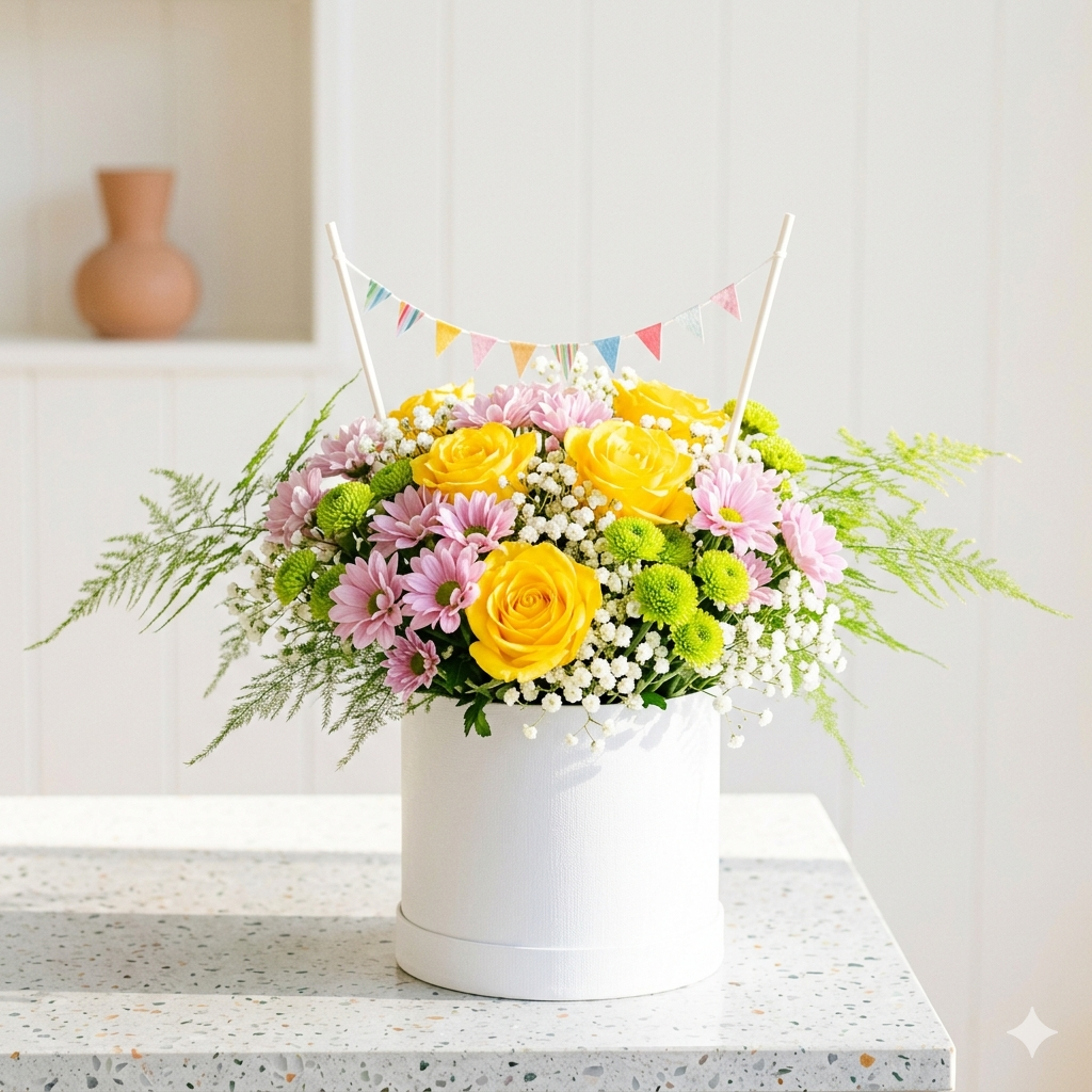 Yellow Rose Pink Chrysanthemum Box with Triangle Banner