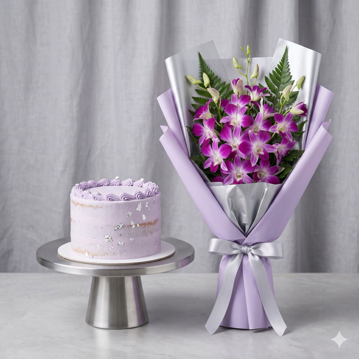 Purple Orchid Bouquet & Lavender Cake Set