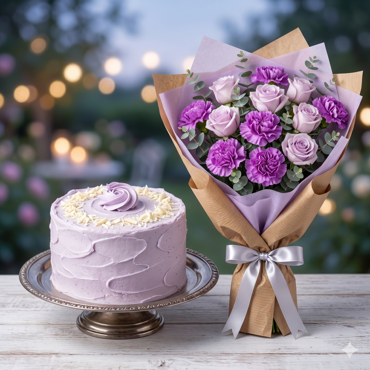 Lavender Roses & Carnation Bouquet with Cake