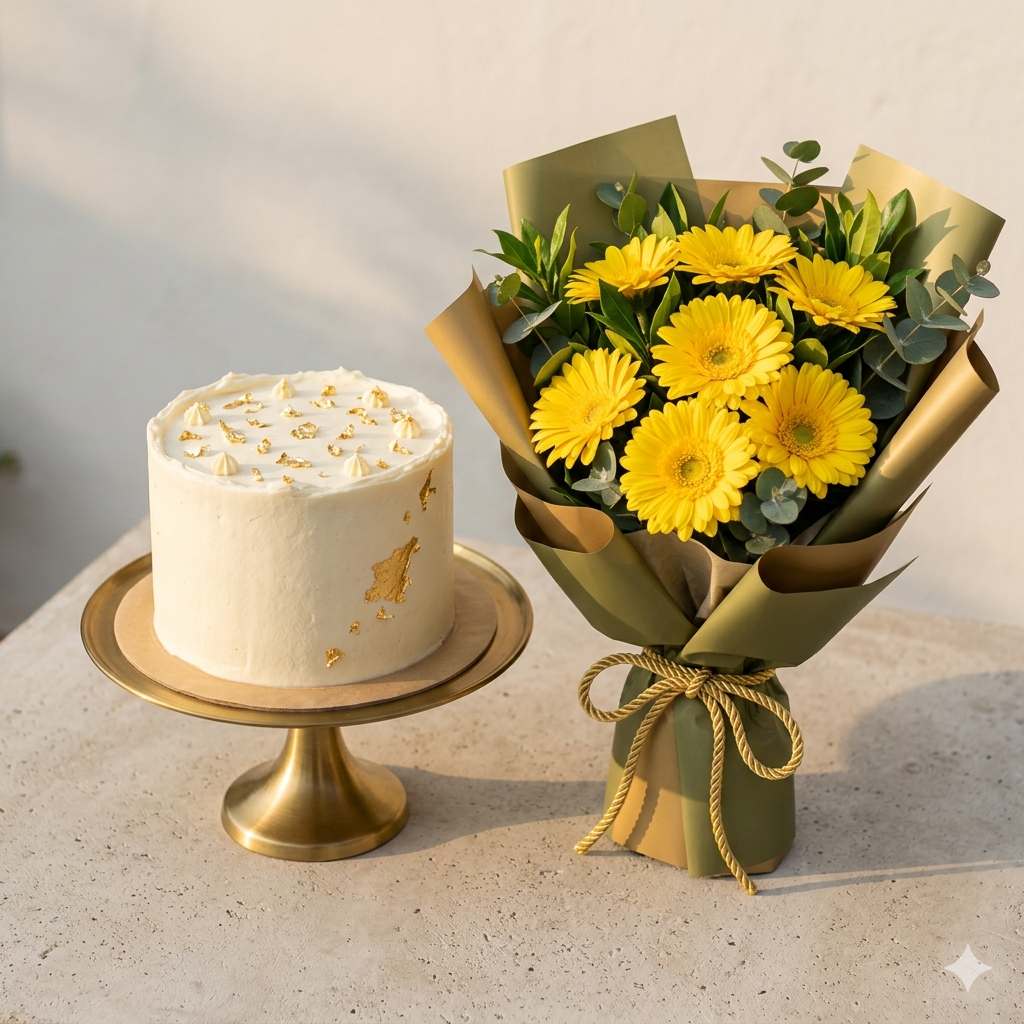 Golden Sunbeam Gerbera Bouquet and Gourmet Cake Set