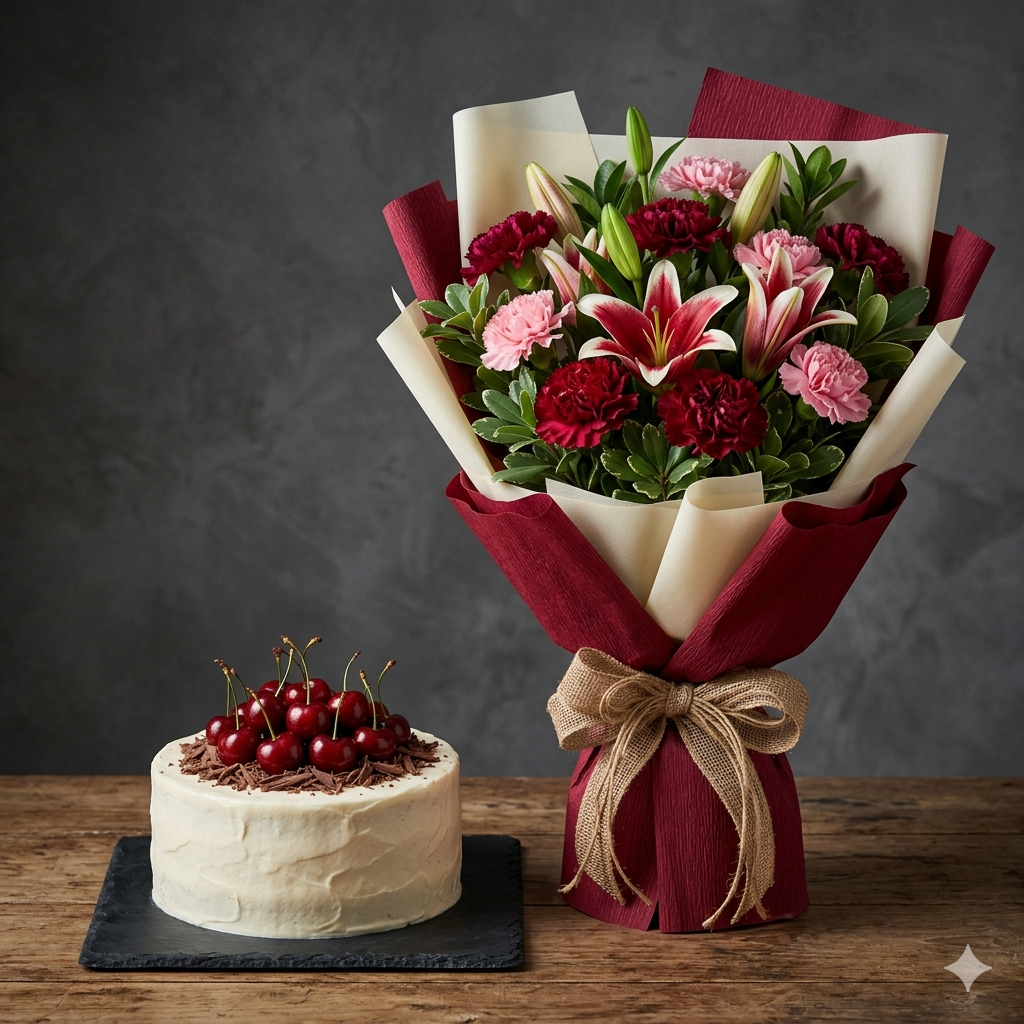 Peach Rose Bouquet and Gold Macaron Birthday Cake