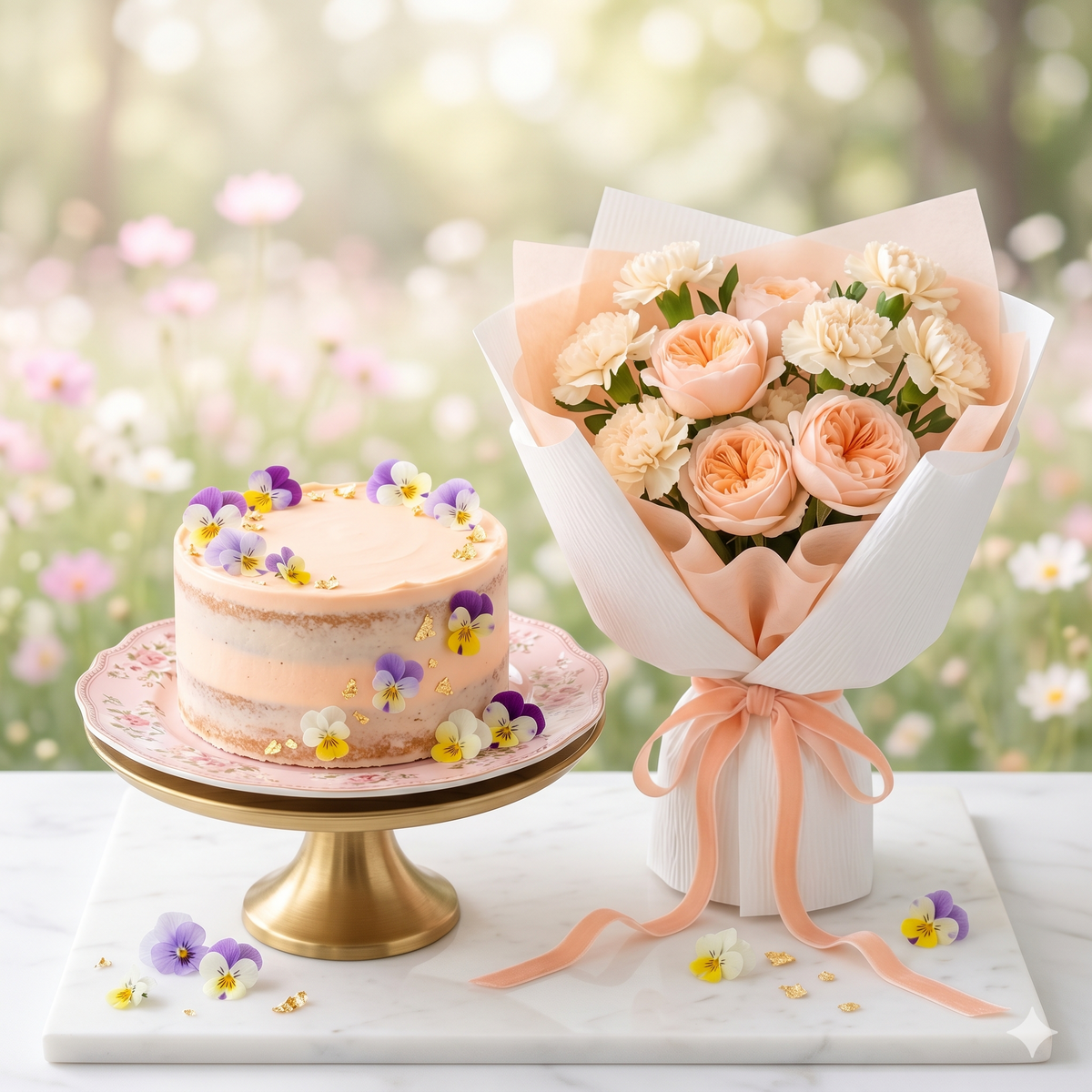 Peach Rose Bouquet & Floral Cake Gift Set