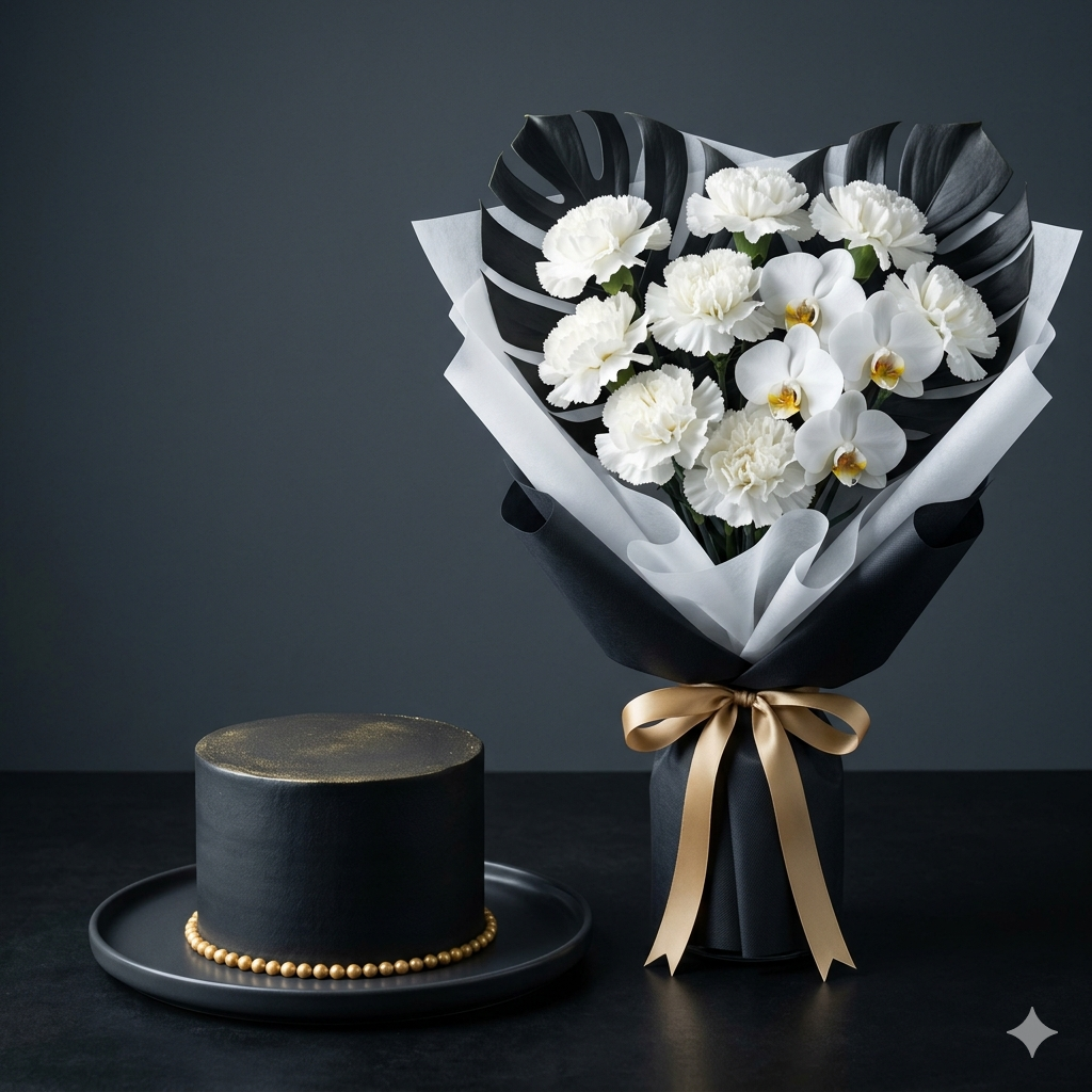 Black Cake & White Orchid Bouquet | Luxury Gift Combo