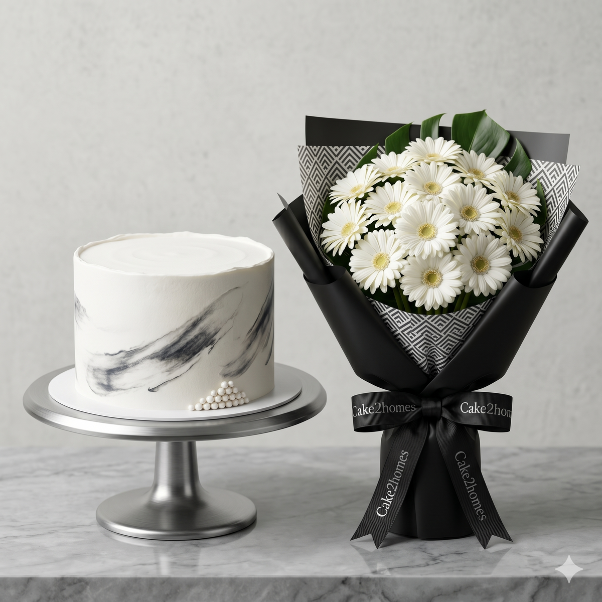 Modern White Gerbera Bouquet & Marble Cake Set