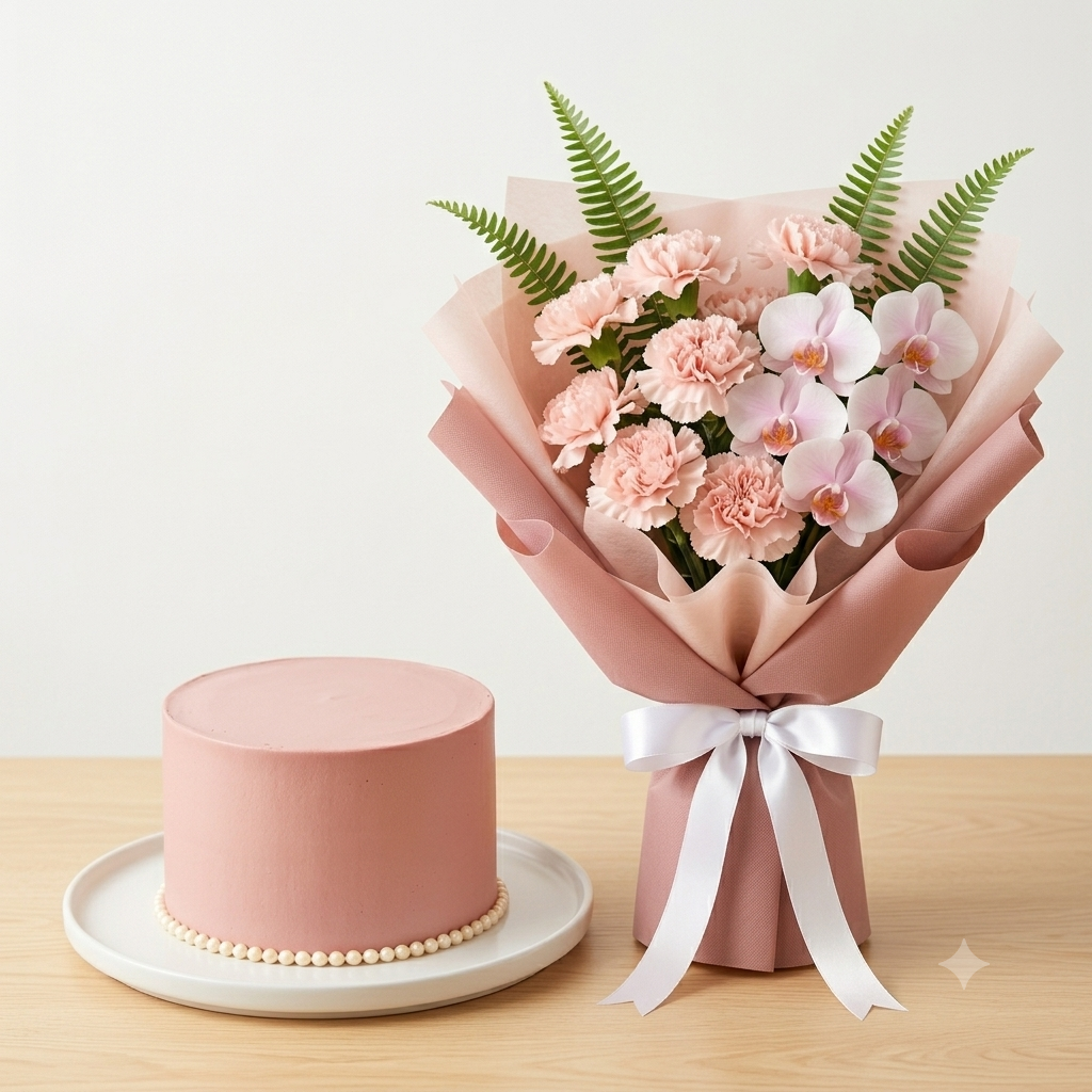 Blush Pink Cake & Peach Carnation Orchid Bouquet Combo