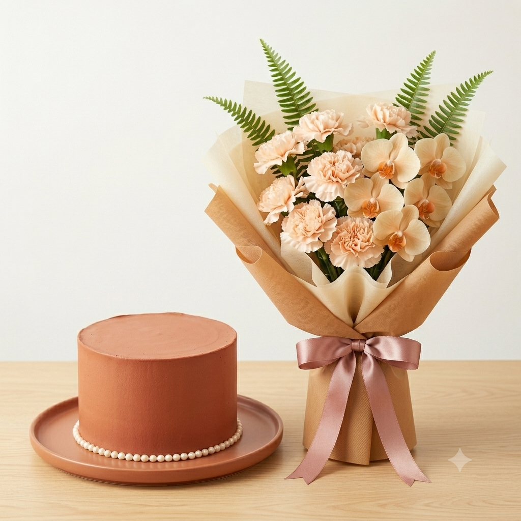 Terracotta Cake & Peach Carnation Orchid Bouquet Combo