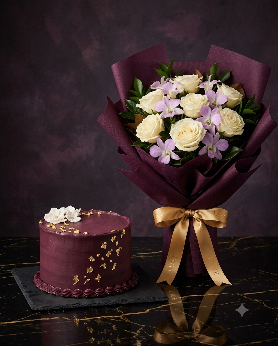 Plum Luxury Rose Bouquet and Celebration Cake