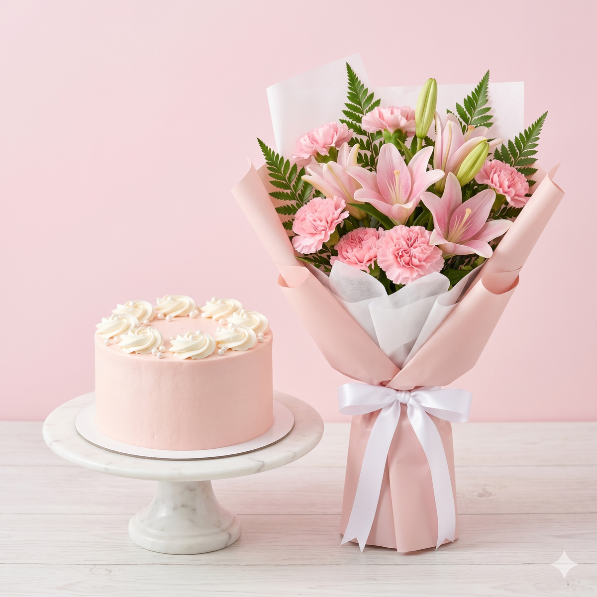 Pink Lily & Carnation Bouquet with Cake Set