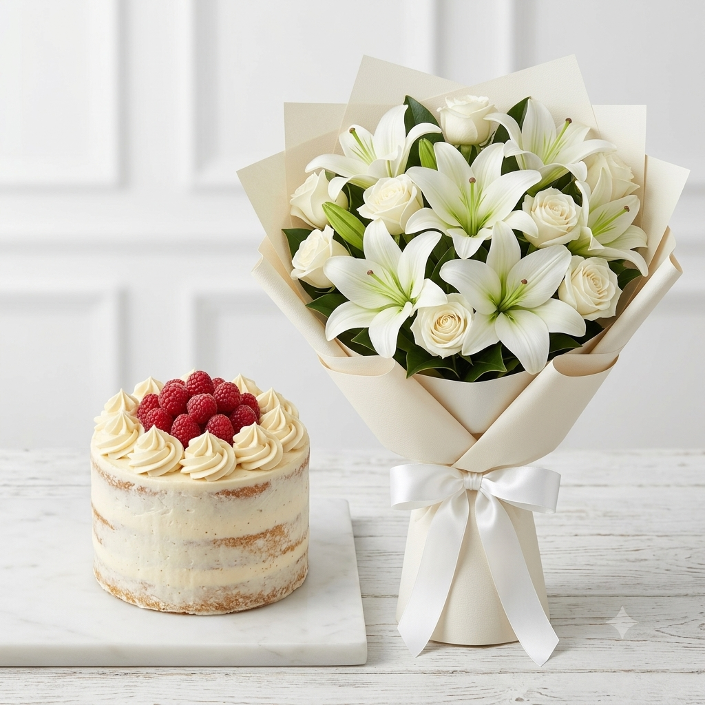 Pure White Lily Bouquet and Fresh Raspberry Cake