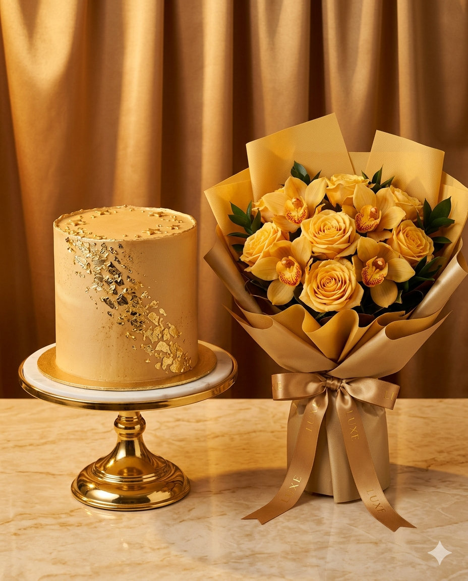Golden Celestial Cake & Amber Rose Bouquet