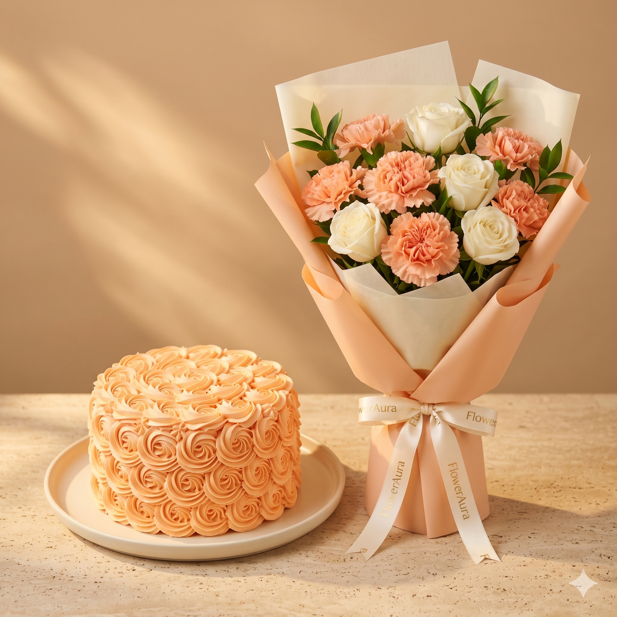 Peach Carnation & Rose Bouquet with Cake Set
