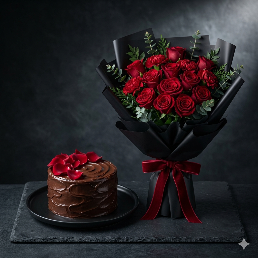 Midnight Black Red Rose Bouquet and Chocolate Cake