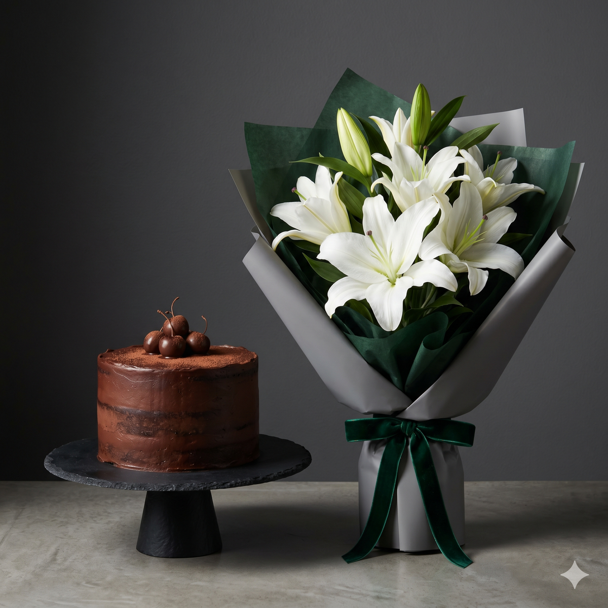 Modern White Lilies and Chocolate Cake Gift Set