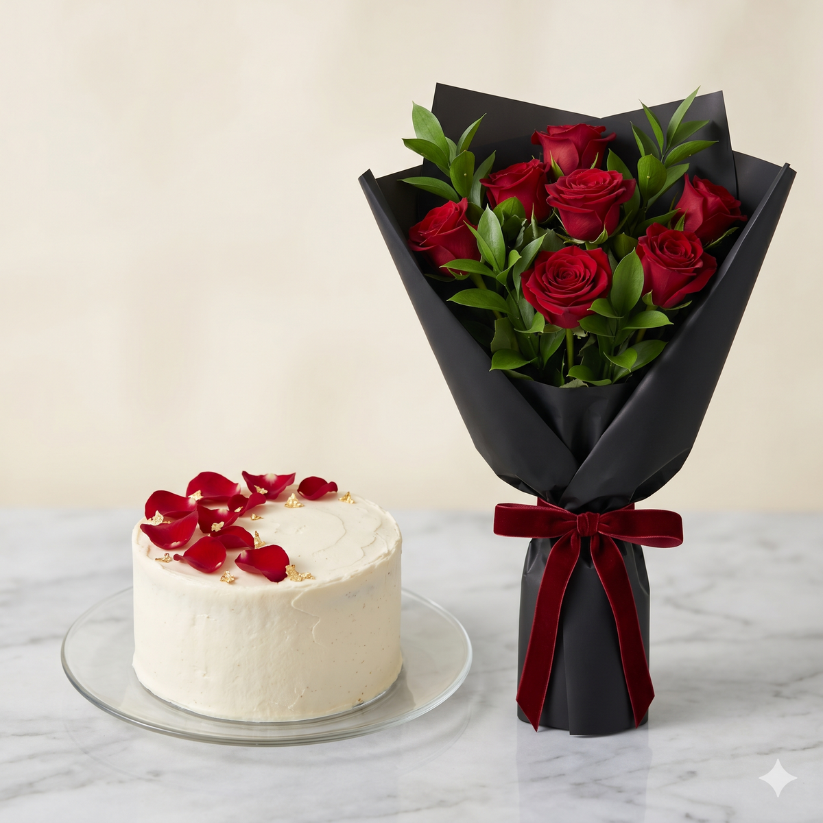 Romantic Red Rose Bouquet and Vanilla Cake Set