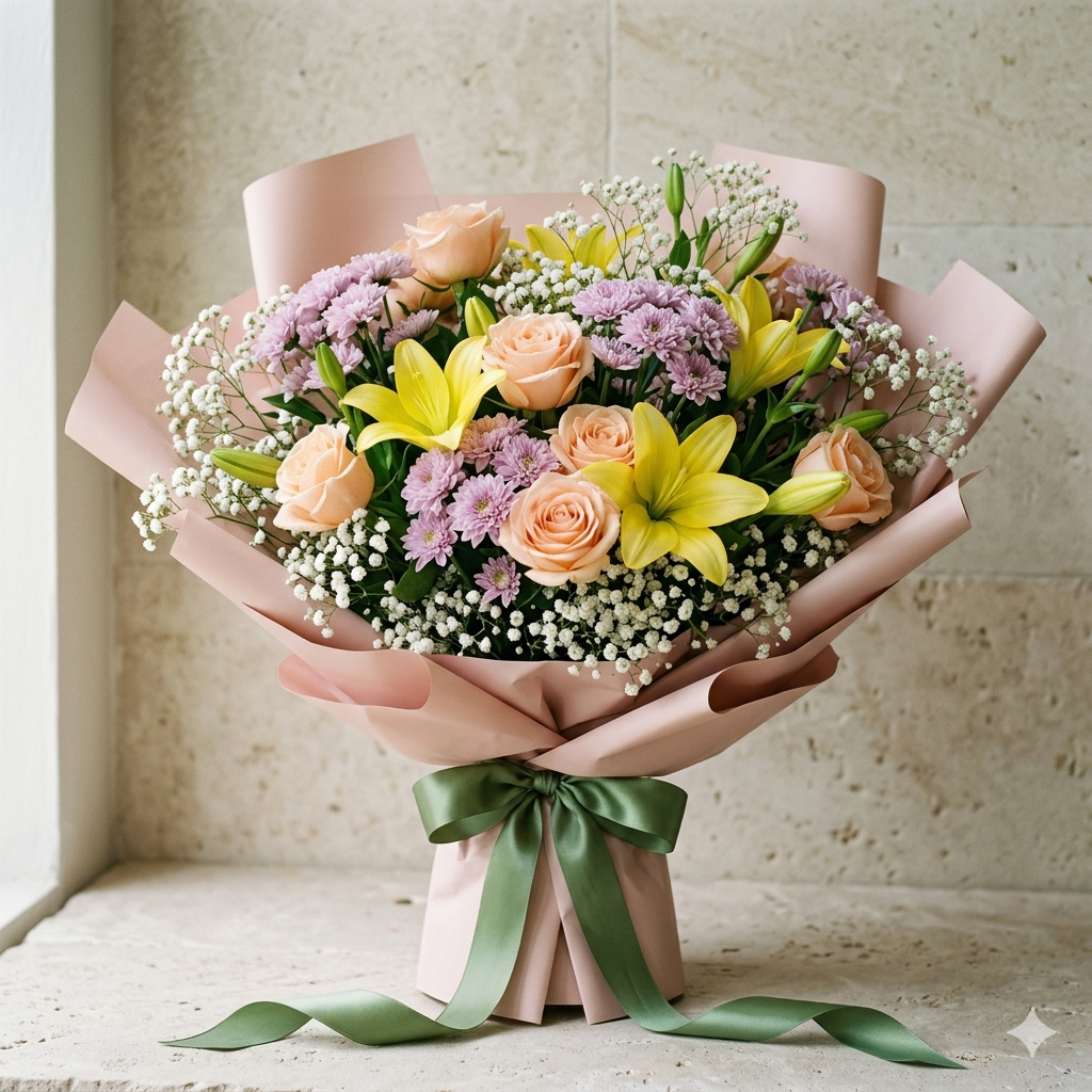 Orange Lily Gerbera Bouquet with Olive Green Wrap