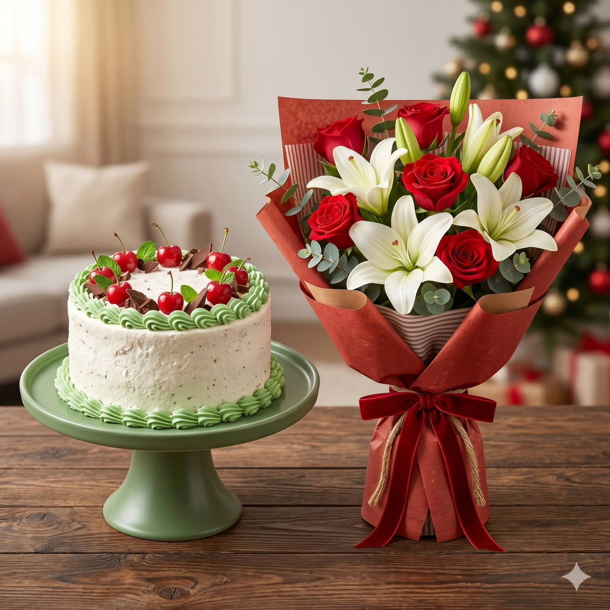 Festive Red Rose Bouquet and Cherry Cake Set
