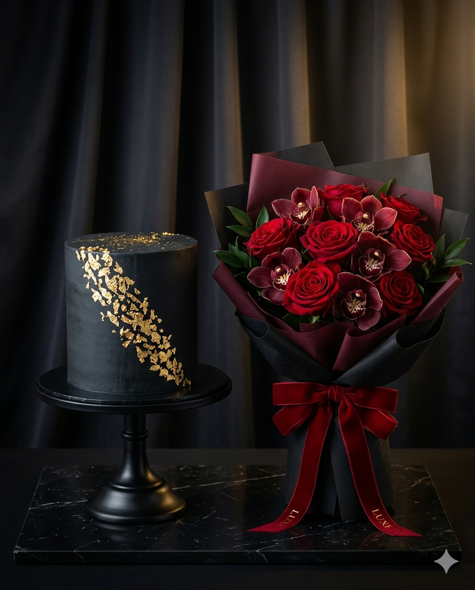 Crimson Velvet Noir Cake & Red Rose Bouquet
