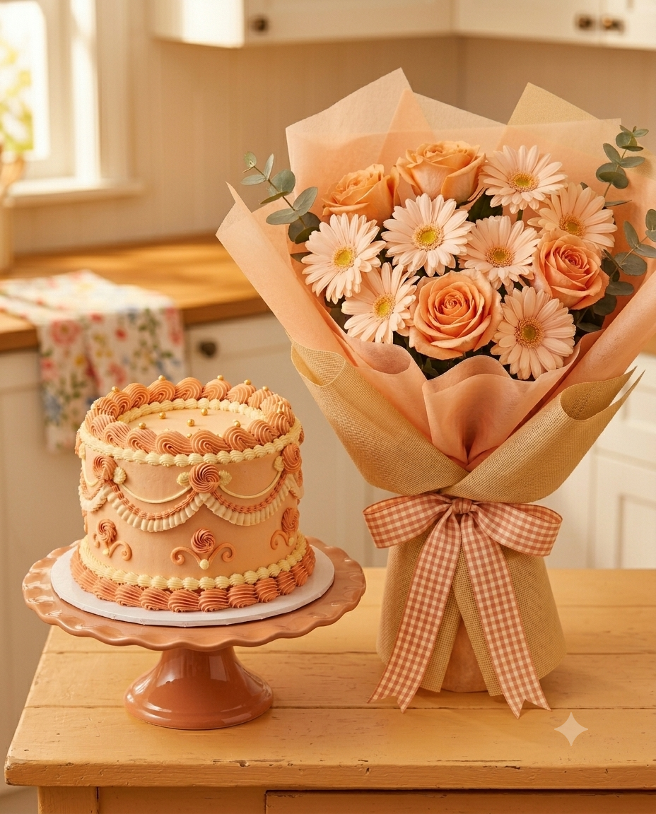 Peach Rose & Gerbera Bouquet with Vintage Cake Combo