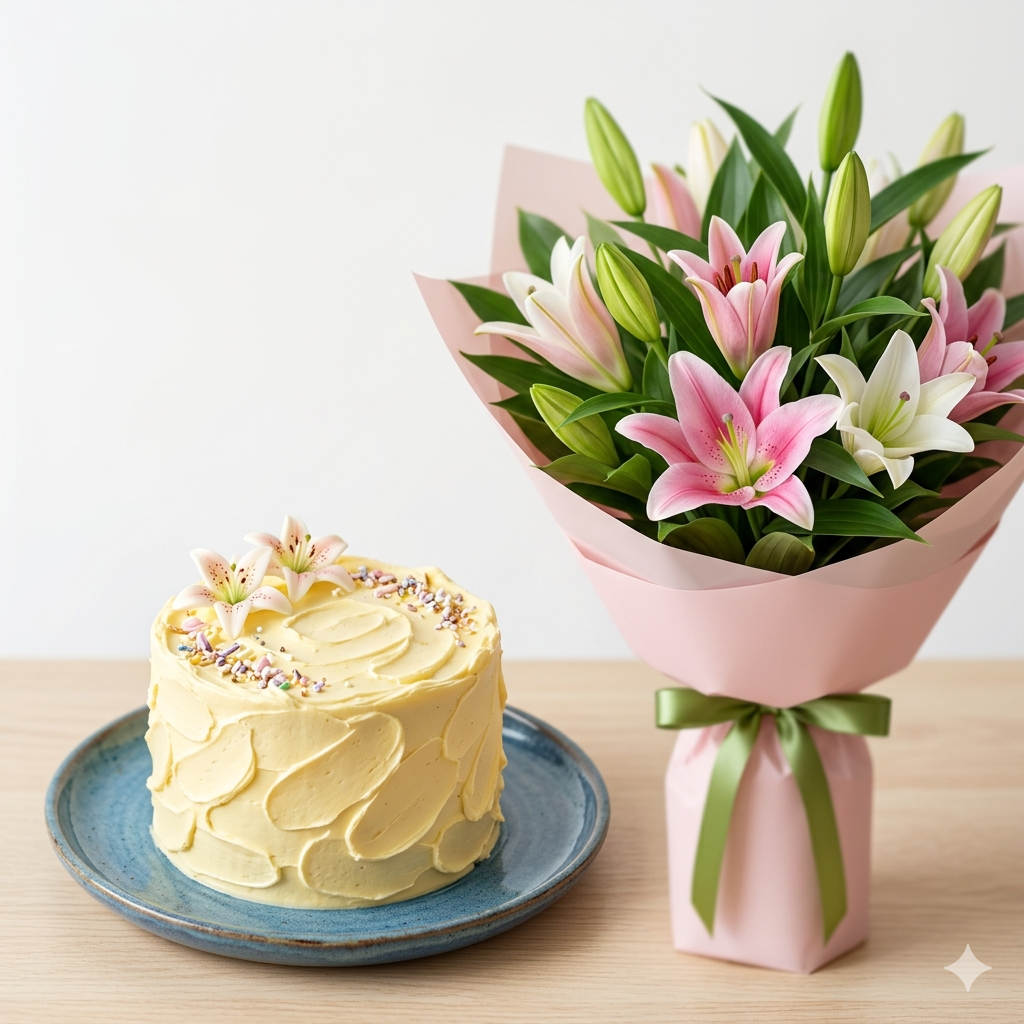 Pink Lily Bouquet and Buttercream Cake Gift Set