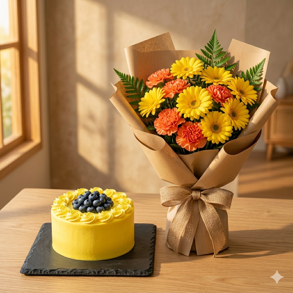 Sunny Yellow Gerberas Bouquet and Blueberry Lemon Cake