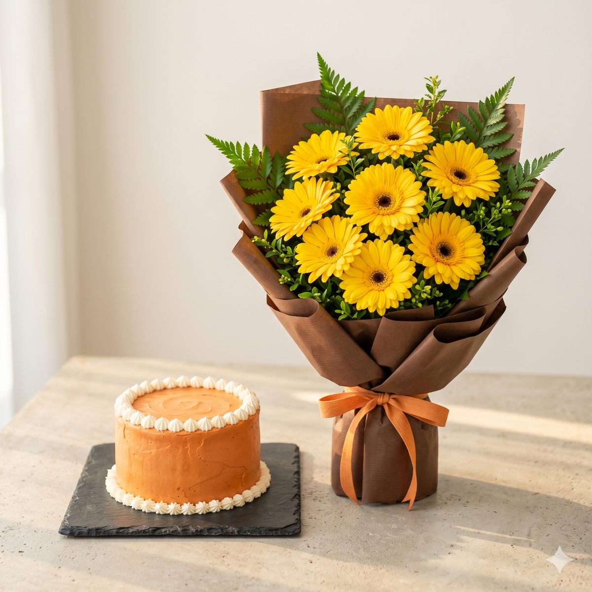 Bright Yellow Gerberas and Orange Cake Set