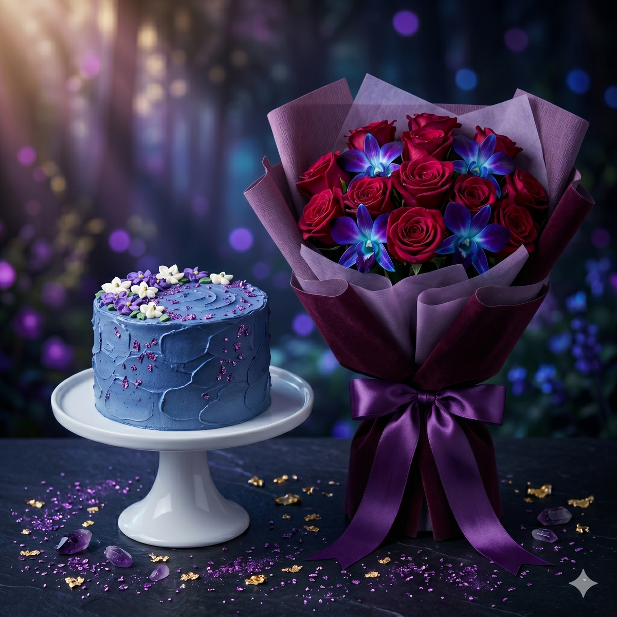 Enchanted Red Rose & Blue Orchid Cake Combo