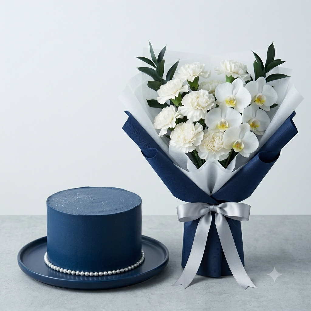 Navy Blue Cake & White Orchid Bouquet | Premium Combo