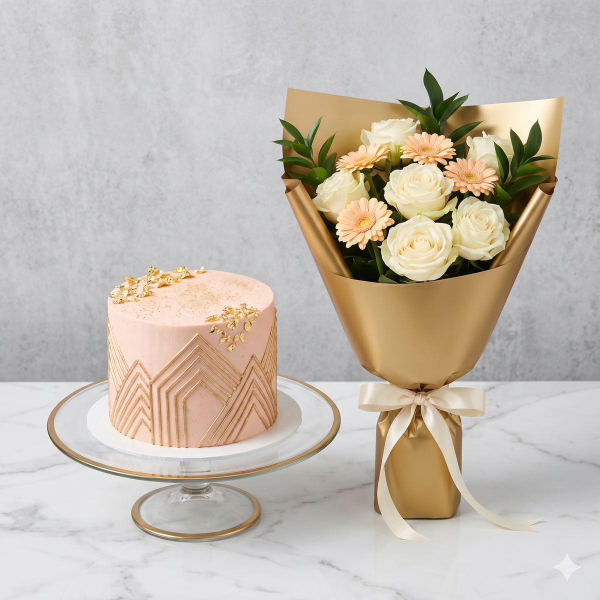 White Rose Bouquet and Pink Gold Cake Set