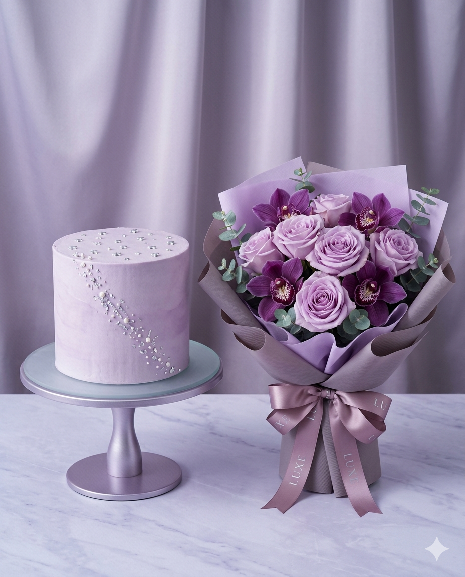 Lilac Twilight Cake & Purple Orchid Bouquet