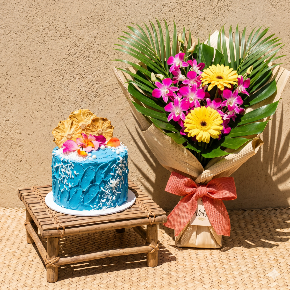 Tropical Orchids Bouquet & Blue Cake Gift