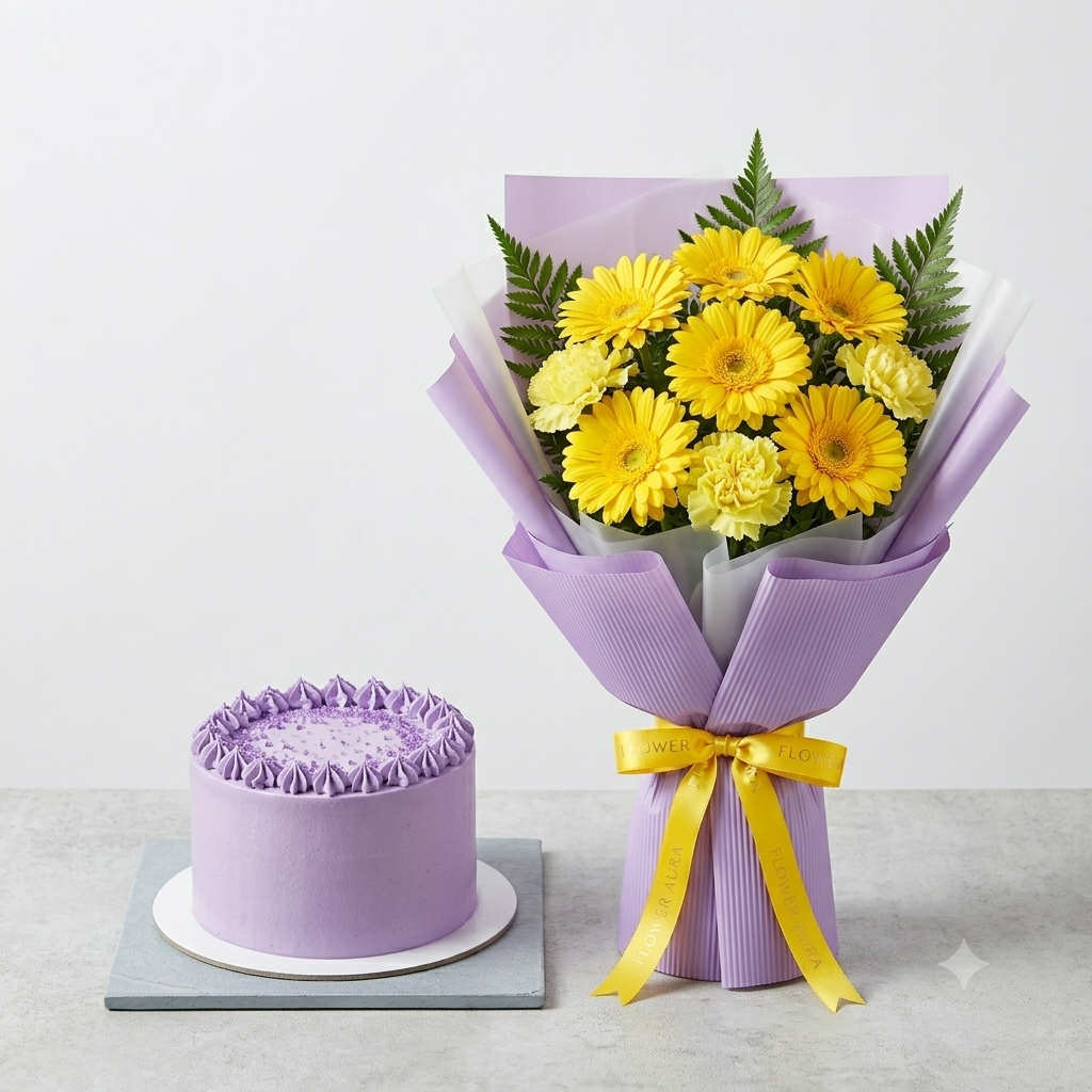 Yellow Gerbera Bouquet with Lavender Cake Gift Combo